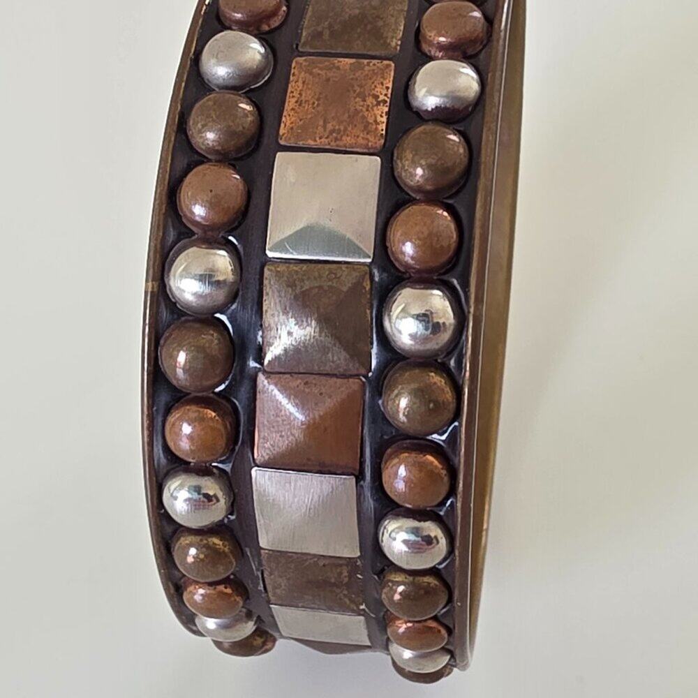 Vintage Wide Mixed Metal Studded Bangle Bracelet Copper Brass Silver One Size - Picture 9 of 11